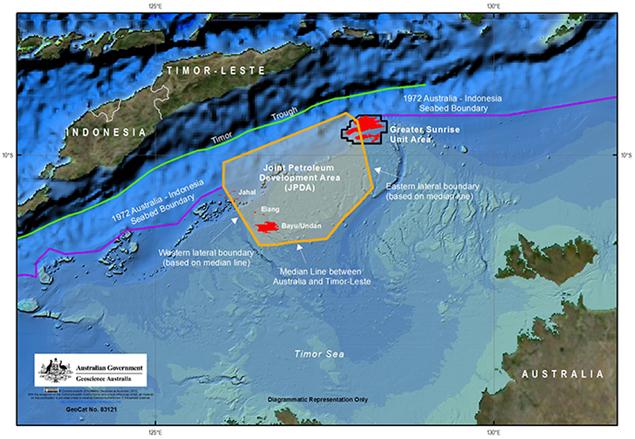 The map shows the location of the Joint Petroleum Development Area (JPDA) within the Timor Sea between Australia and Timor-Leste. It also marks the 1972 Australia-Indonesia Seabed Boundary and Timor Trough. The Greater Sunrise Unit Area lies partly within the JPDA and partly in Australian seabed jurisdiction to the east of the JPDA and south of the 1972 Australia-Indonesia Seabed Boundary.