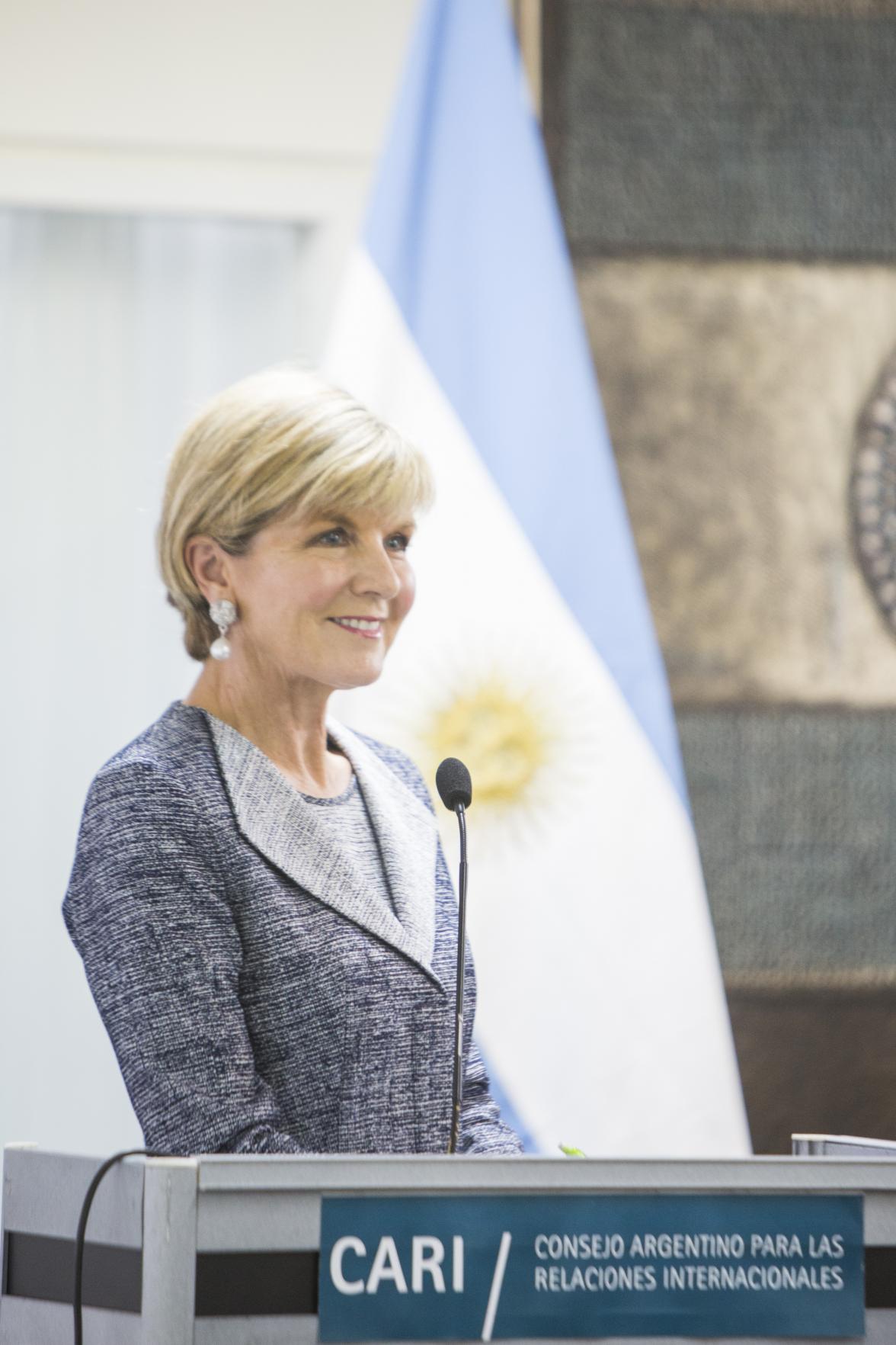 Foreign Minister Julie Bishop giving a speech before diplomats and public officials of the Argentine Council for International Relations , 26 June 2017