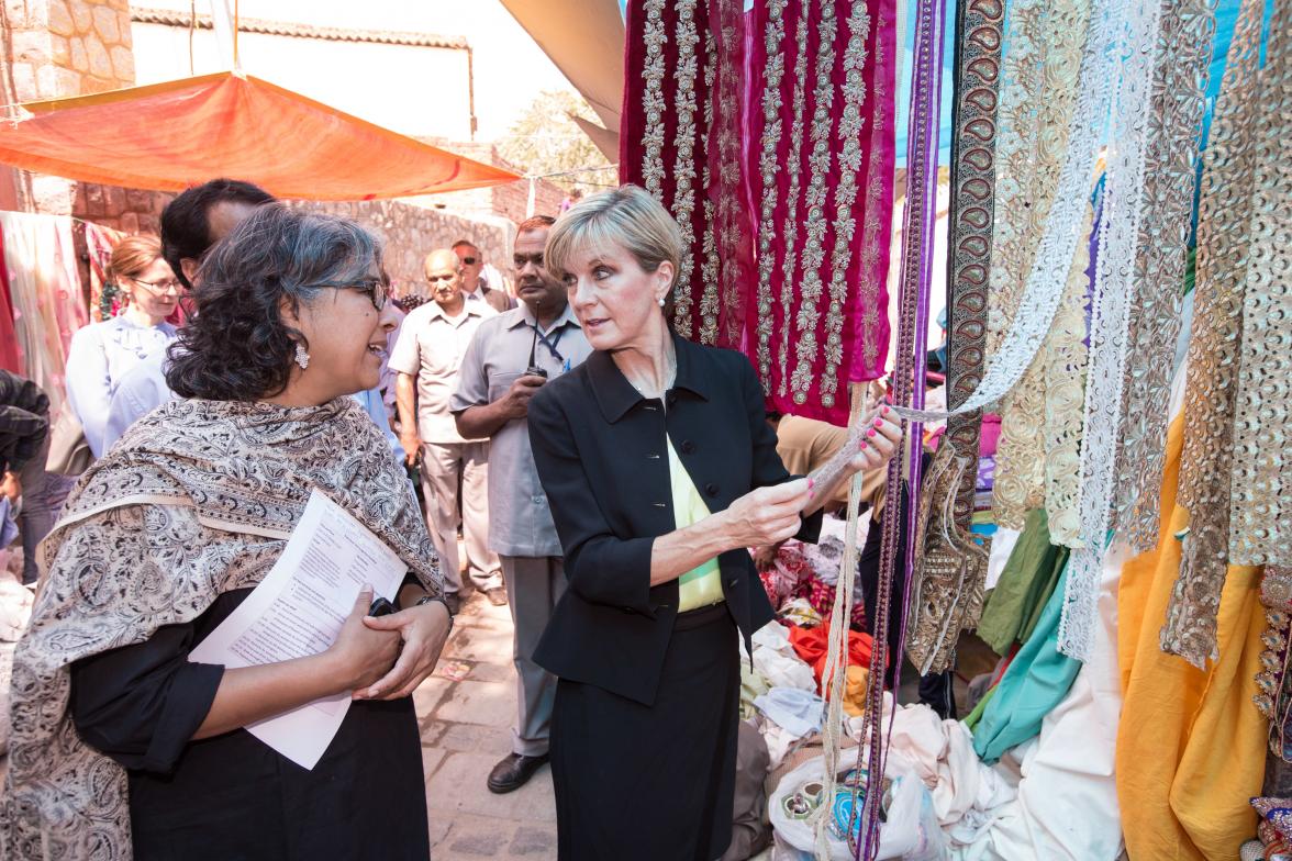 13 April 2015, New Delhi, India; The Hon. Julie Bishop, Australian Minister for Foreign Affairs walks through Nizamuddin Basti with staff and beneficiaries from the Aga Khan Foundation to announce funding initiatives for Urban Renewal programs