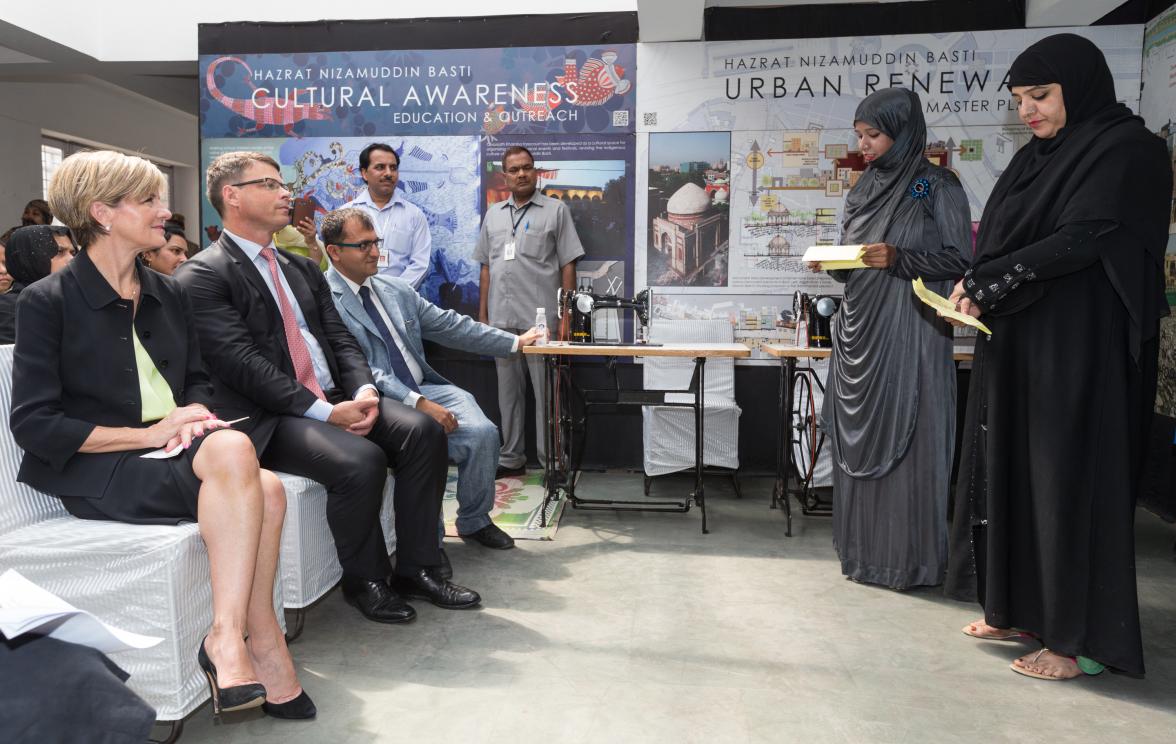 13 April 2015, New Delhi, India; The Hon. Julie Bishop, Australian Minister for Foreign Affairs meeting with staff and beneficiaries from the Aga Khan Foundation to announce funding initiatives for Urban Renewal programs run by women's groups in New Delh