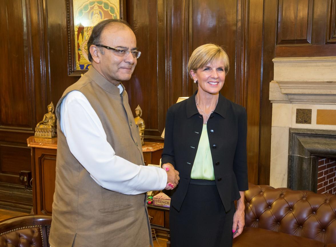 13 April 2015, New Delhi, India; The Hon. Julie Bishop, Australian Minister for Foreign Affairs meeting with Indian Finance Minister Arun Jaitley during her visit to India to promote trade and investment opportunities for Australia.