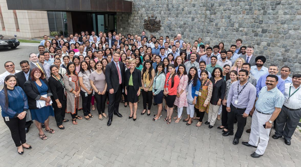 13 April 2015, New Delhi, India; The Hon. Julie Bishop, Australian Minister for Foreign Affairs meeting with staff from the Australian High Commission in New Delhi during her visit to India to promote trade and investment opportunities for Australia.