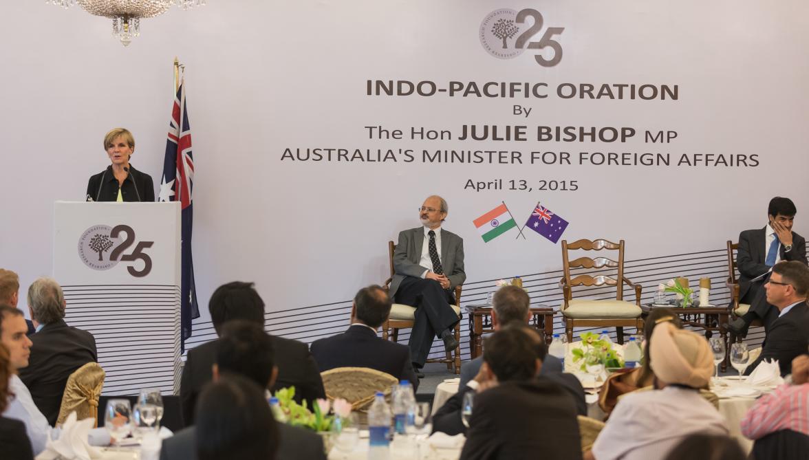 13 April 2015, New Delhi, India; The Hon. Julie Bishop, Australian Minister for Foreign Affairs making a speech at the Indo - Pacific Oration during her visit to India to promote trade and investment opportunities for Australia.