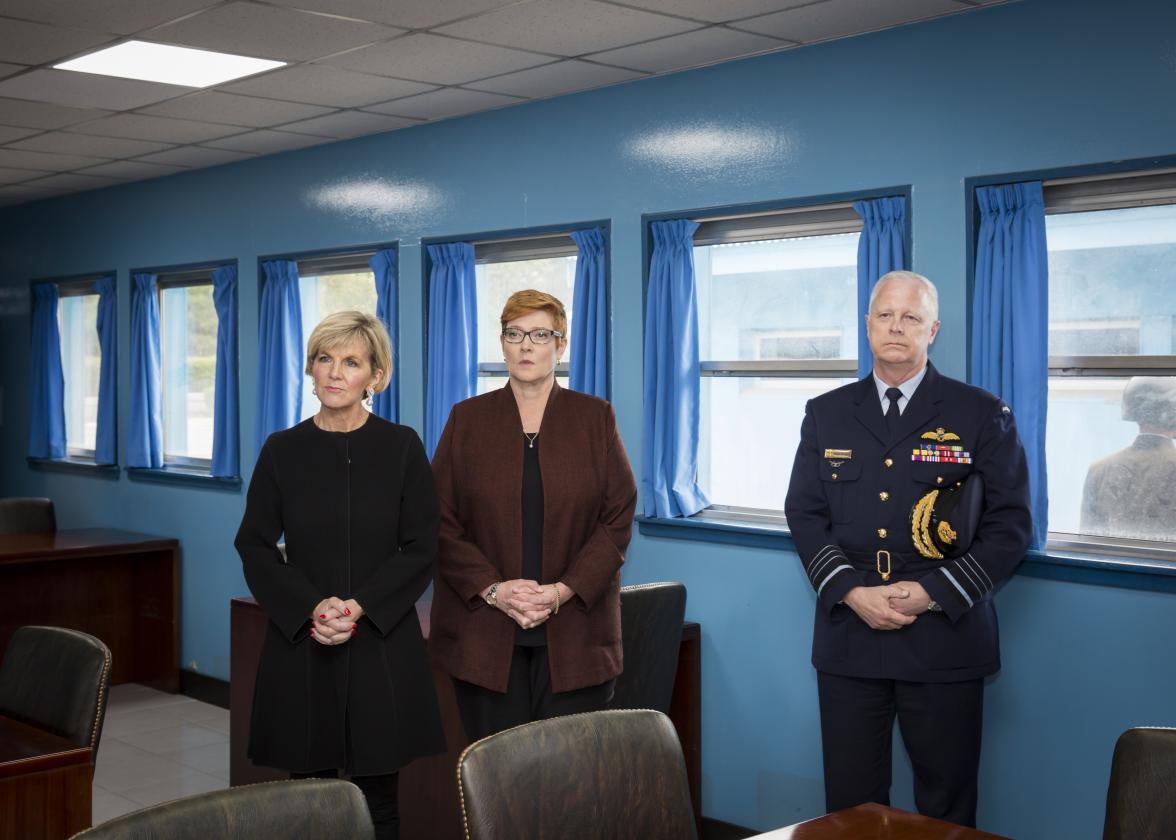 Foreign Minister, Julie Bishop and Defence Minister, Marise Payne and Air Chief Marshal Mark Binskin, Chief of the Australian Defence Force inside Joint Security Area conference room, DMZ