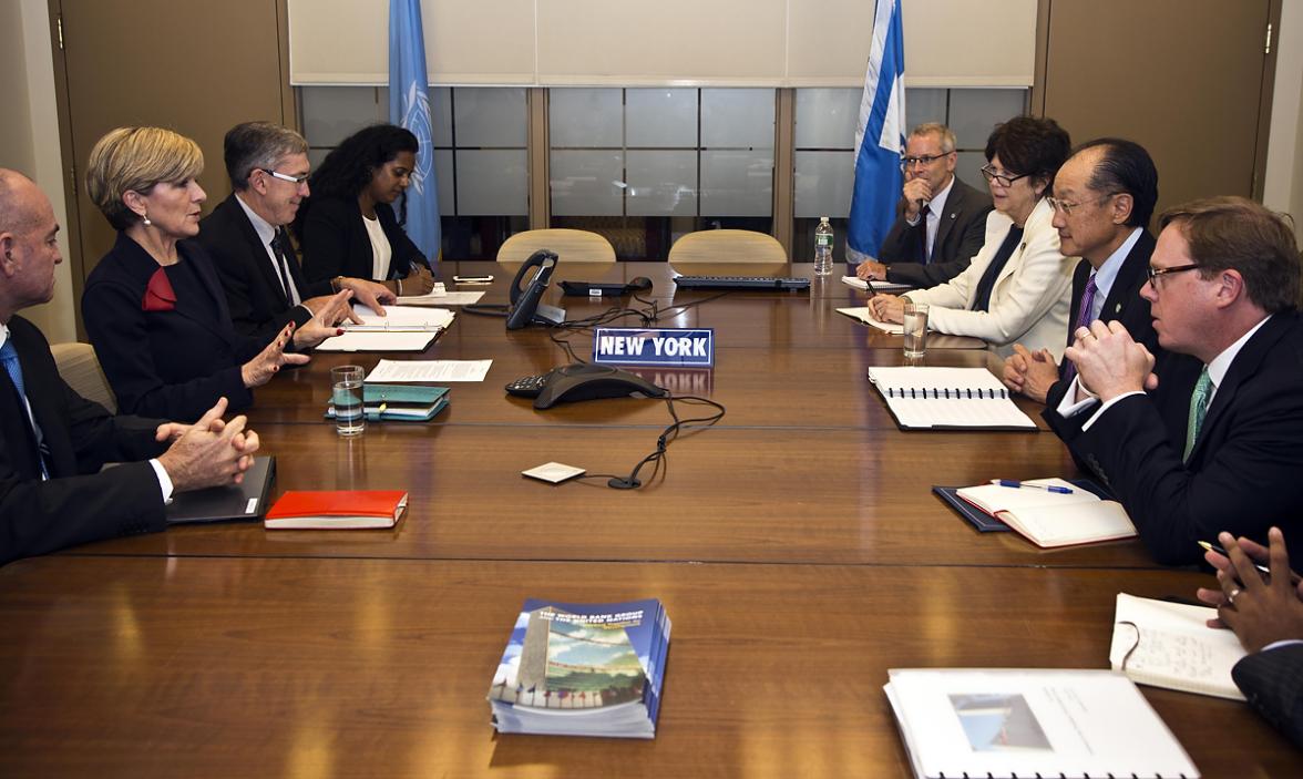 Australian Foreign Minister Julie Bishop meets with World Bank  President Dr. Jim Yong Kim in New York, Friday Sept. 25, 2015.  photo by Trevor Collens/DFAT