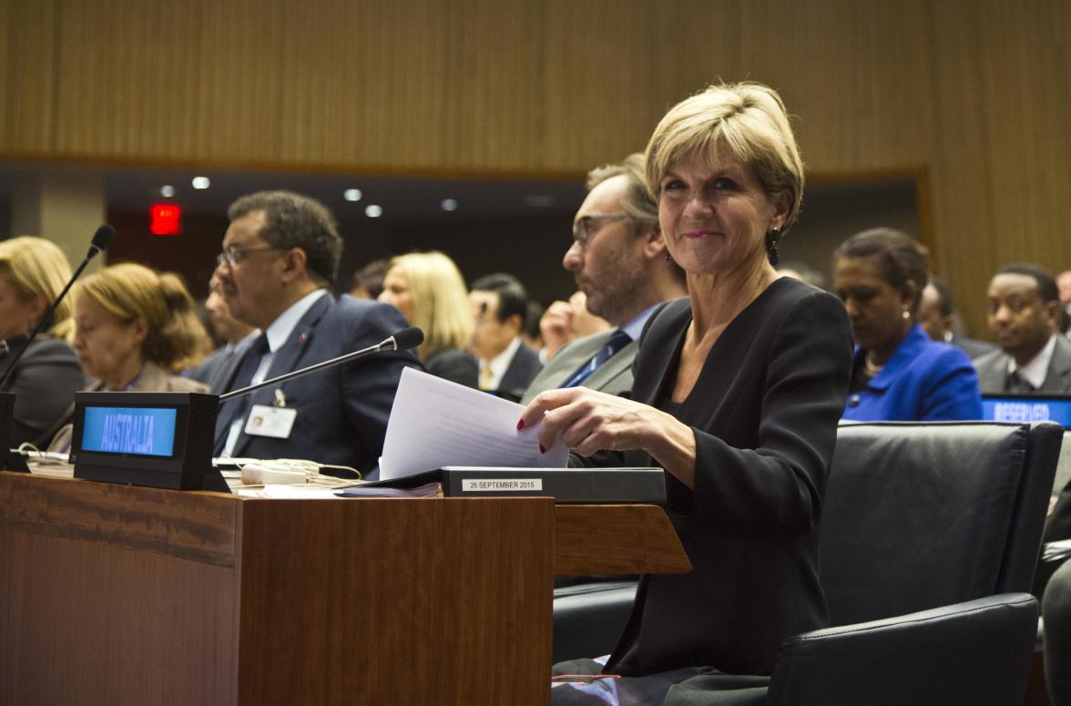 Australian Foreign Minister Julie Bishop speaks at a Global Education First Initiative meeting at UN Headquarters in New York, Saturday September 26, 2015. photo by Trevor Collens/DFAT