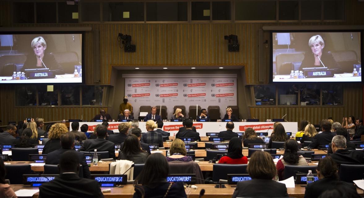 Australian Foreign Minister Julie Bishop speaks at a Global Education First Initiative meeting at UN Headquarters in New York, Saturday September 26, 2015. photo by Trevor Collens/DFAT