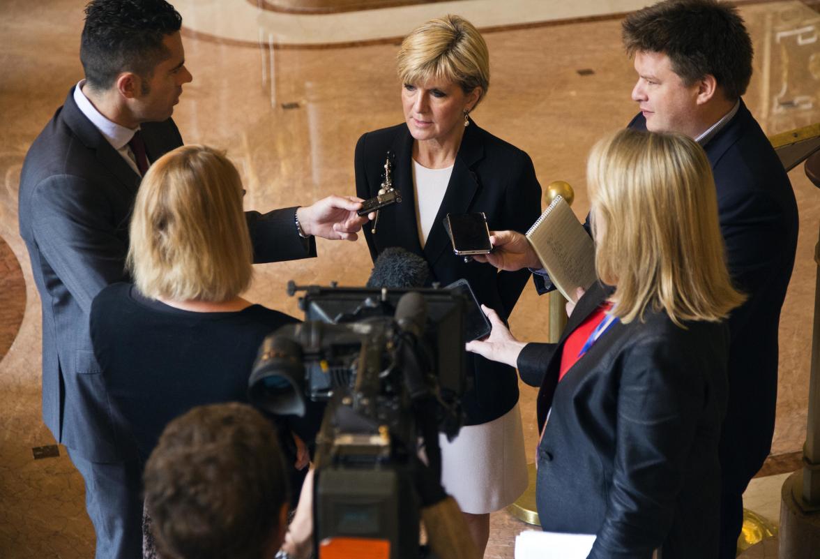 Australian Foreign Minister Julie Bishop speaks to the media after a Global Counter Terrorism Forum Ministerial meeting in New York, Sunday September 27, 2015. photo by Trevor Collens/DFAT