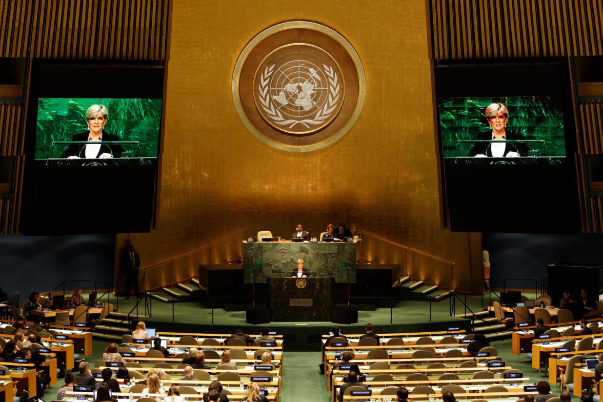 Australian Foreign Minister Julie Bishop delivers a National Statement at the SDG Summit Plenary in the General Assembly Hall at UN Headquarters in New York, Sunday September 27, 2015. photo by Trevor Collens/DFAT