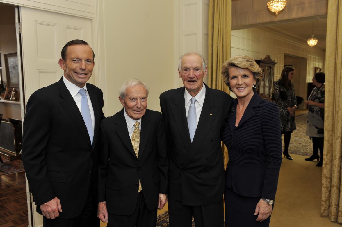 Prime Minister Tony Abbott, Richard Abbott, Doug Bishop and Foreign Minister Julie Bishop at the swearing in of the Abbott Ministry. 18 September 2013.
Photo credit: Courtesy AUSPIC