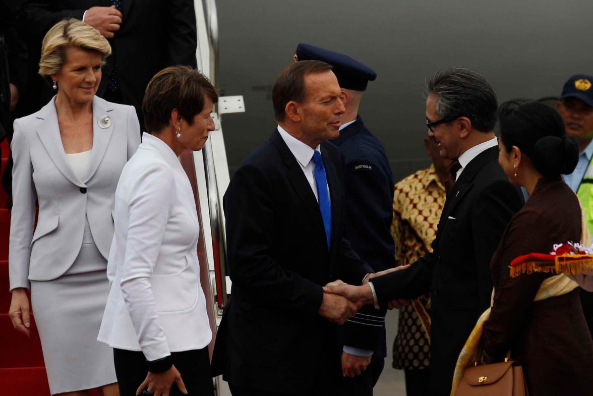 Foreign Minister Julie Bishop, Prime Minister Tony Abbott and his wife Margie arrive at Halim Perdanakusuma Airport , Jakarta, Indonesia. 30 September 2013.