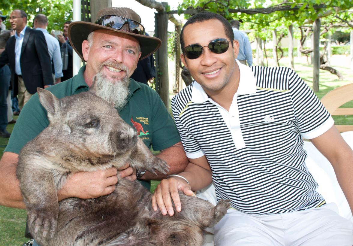 Ulrich Andriantiana, Minister of Foreign Affairs, Madagascar meets a wombat from Caversham Wildlife Park.
1 November 2013