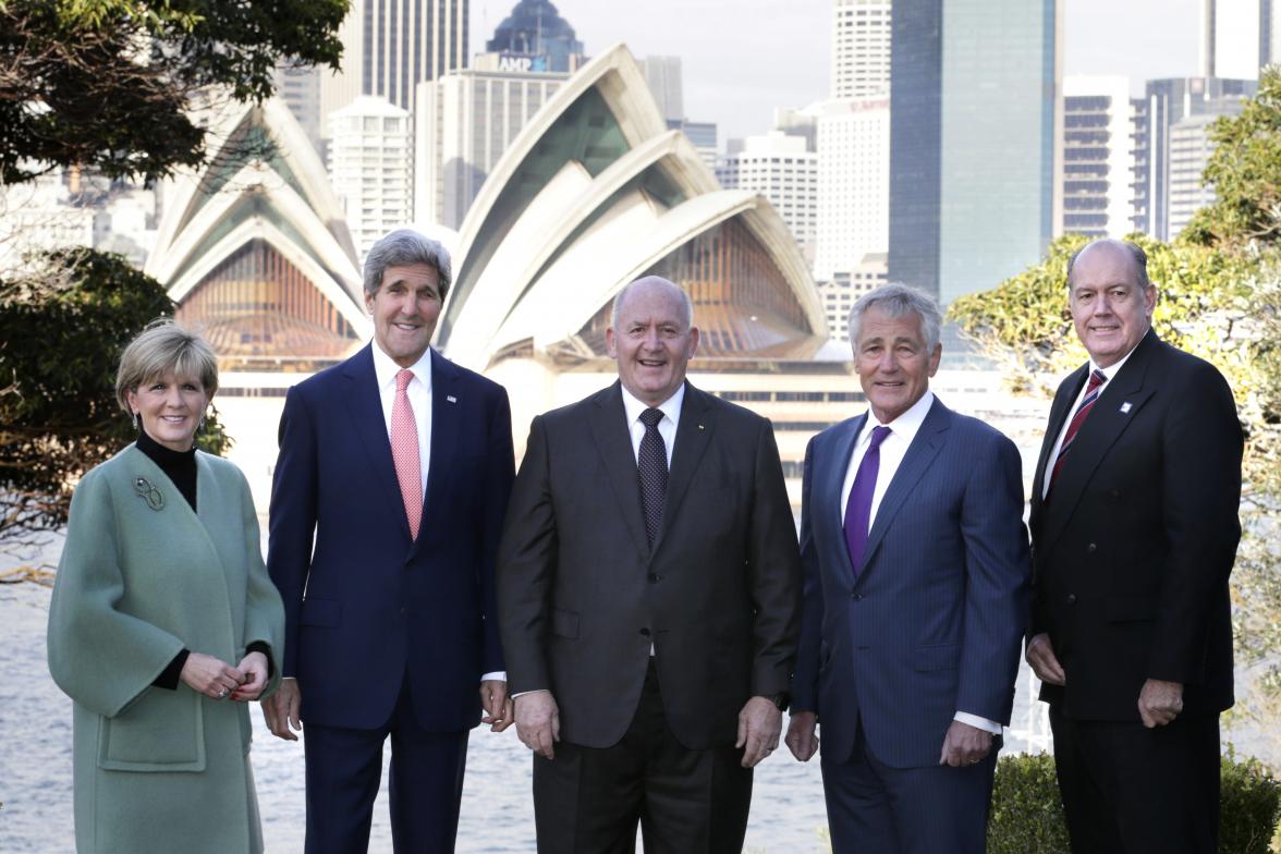 Minister for Foreign Affairs, Julie Bishop, United States Secretary of State, John Kerry, Governor General of Australia, Sir Peter Cosgrove, United States Secretary of Defense, Chuck Hagel and Minister for Defence, David Johnston ahead of the signing of t