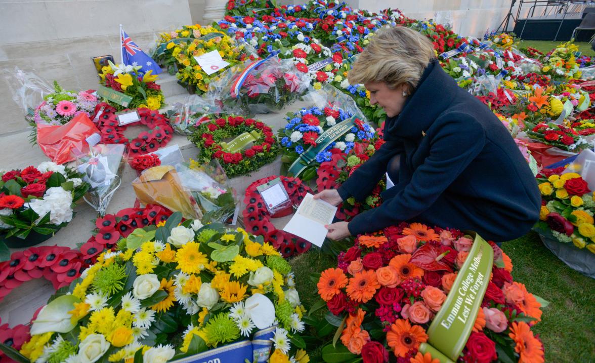 Wreaths laid at the ANZAC Day Dawn Service at Villers-Bretonneux, France, to commemorate those that fell during the Great War 2014-18.