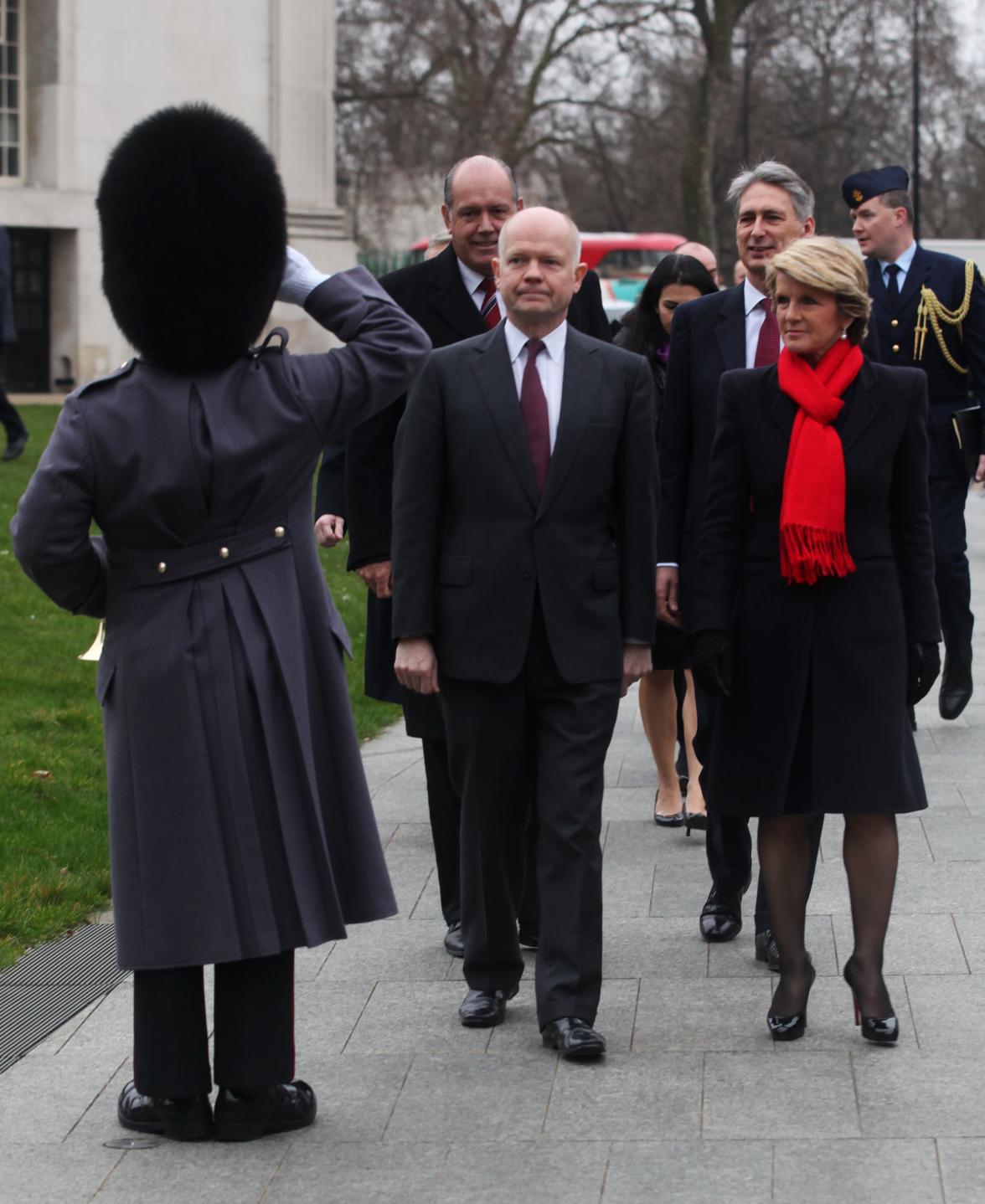 Wreath laying ceremony at the Australian War Memorial, Hyde Park Corner, London, on 11 March 2014, during AUKMIN. Front, L to R: UK Foreign Secretary William Hague, Foreign Minister Julie Bishop. Behind L to R: Defence Minister David Johnston, UK Defence 