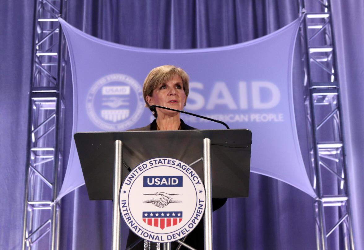 Australian Foreign Minister Julie Bishop delivers a speech at a USAID event 