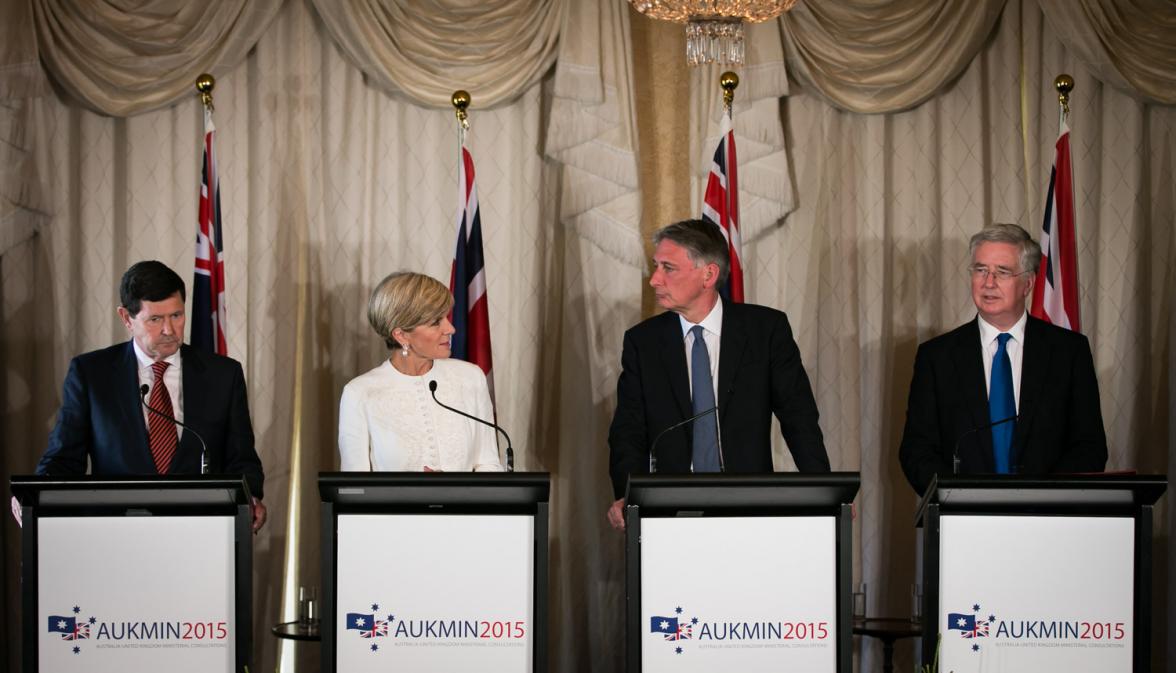 Defence Minister Kevin Andrew, Foreign Minister Julie Bishop, Foreign Secretary Philip Hammond and Defence Secretary Michael Fallon address media after AUKMIN talks. 2 February 2015.