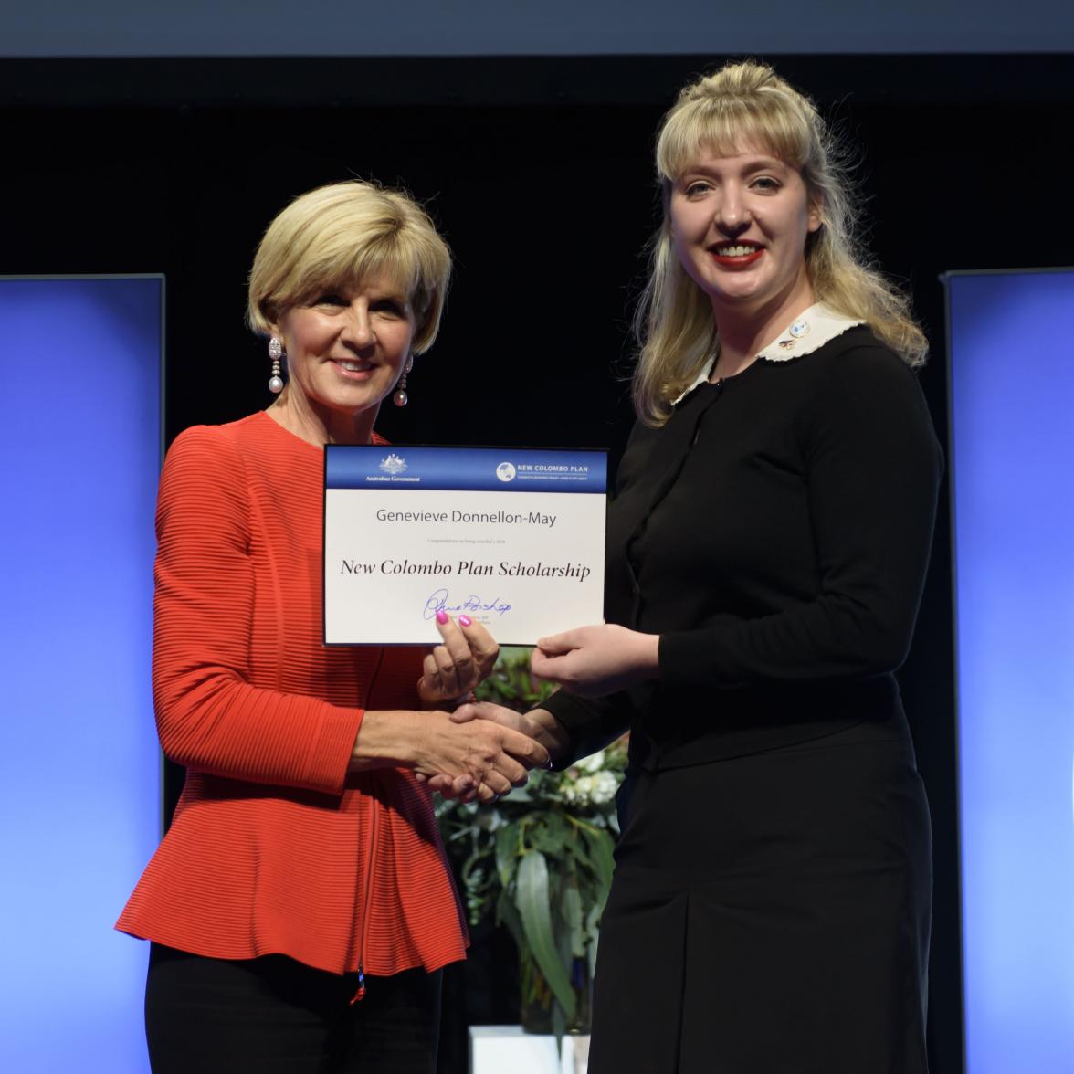 Foreign Minister Julie Bishop with Genevieve Donnellon-May, 2018 Republic of Korea Scholar, the University of Melbourne
