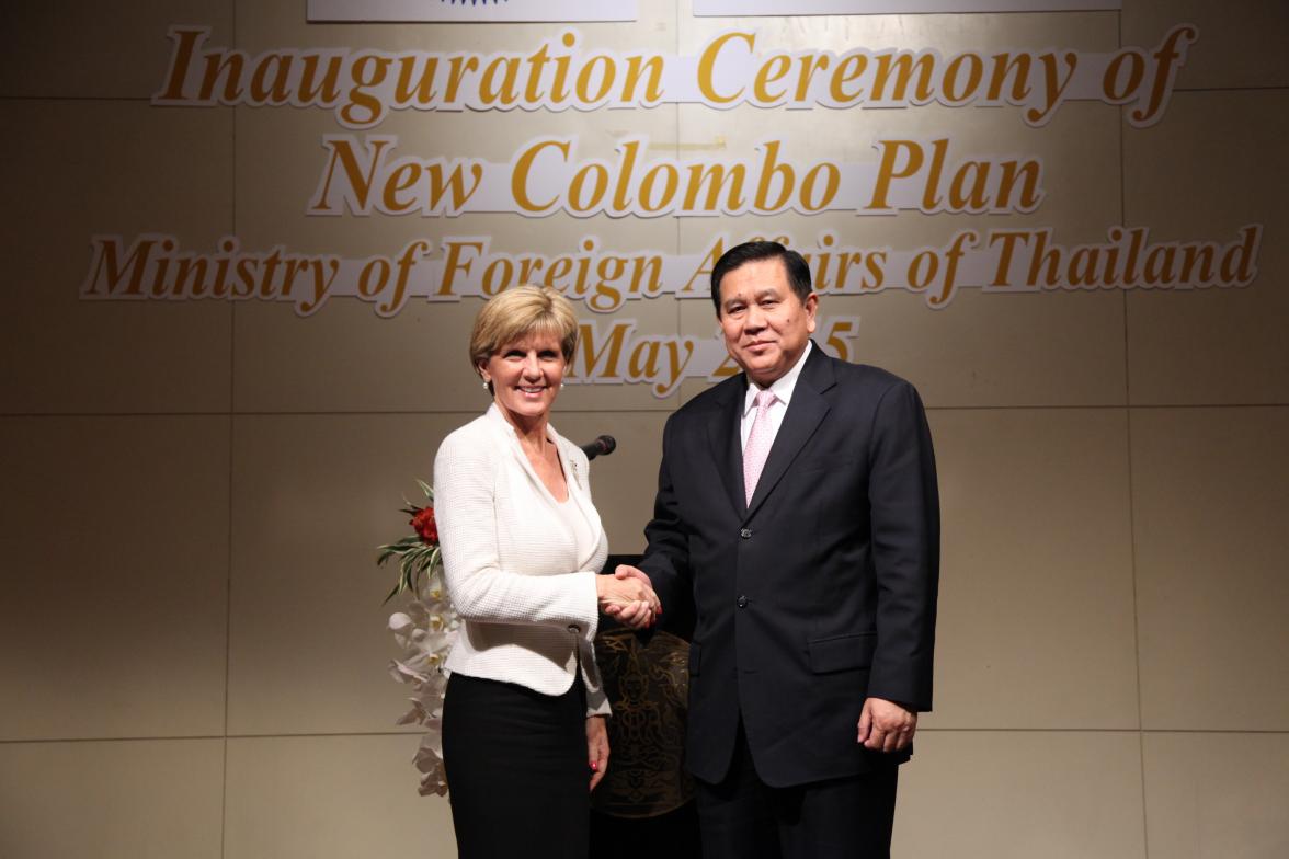Foreign Minister Julie Bishop with Deputy Prime Minister and Foreign Minister General Tanasak Patimapragorn at the launch of the New Colombo Plan in Thailand. 8 May 2015.