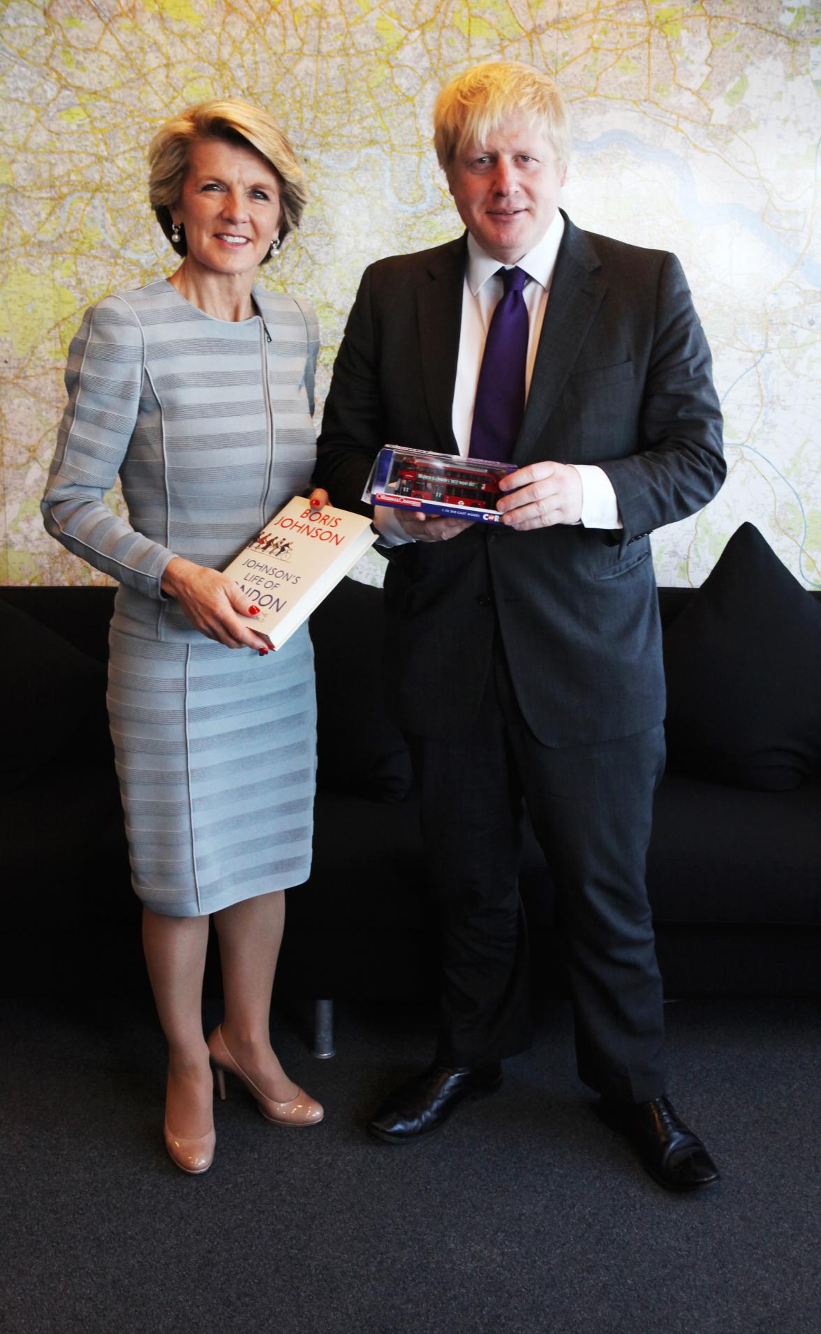 Minister Julie Bishop with the Mayor of London, Boris Johnson, during a meeting at City Hall, London on 11 March 2014 during AUKMIN