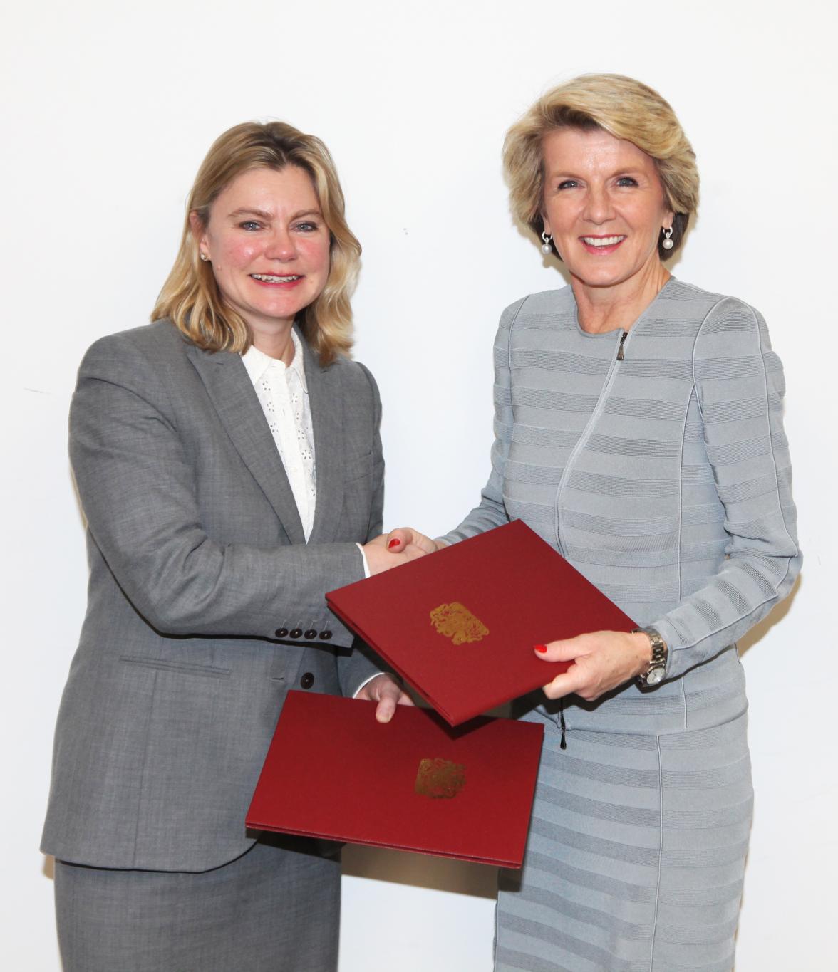 Minister Julie Bishop with UK International Development Secretary, Justine Greening, in London on 12 March, during AUKMIN.