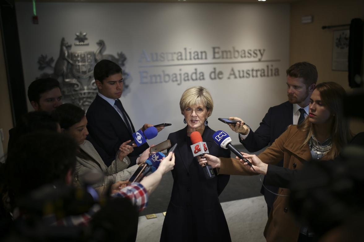 Foreign Minister Julie Bishop speaking to Colombian media following the inauguration of the Australian Embassy in Bogota, 27 June 2017.
