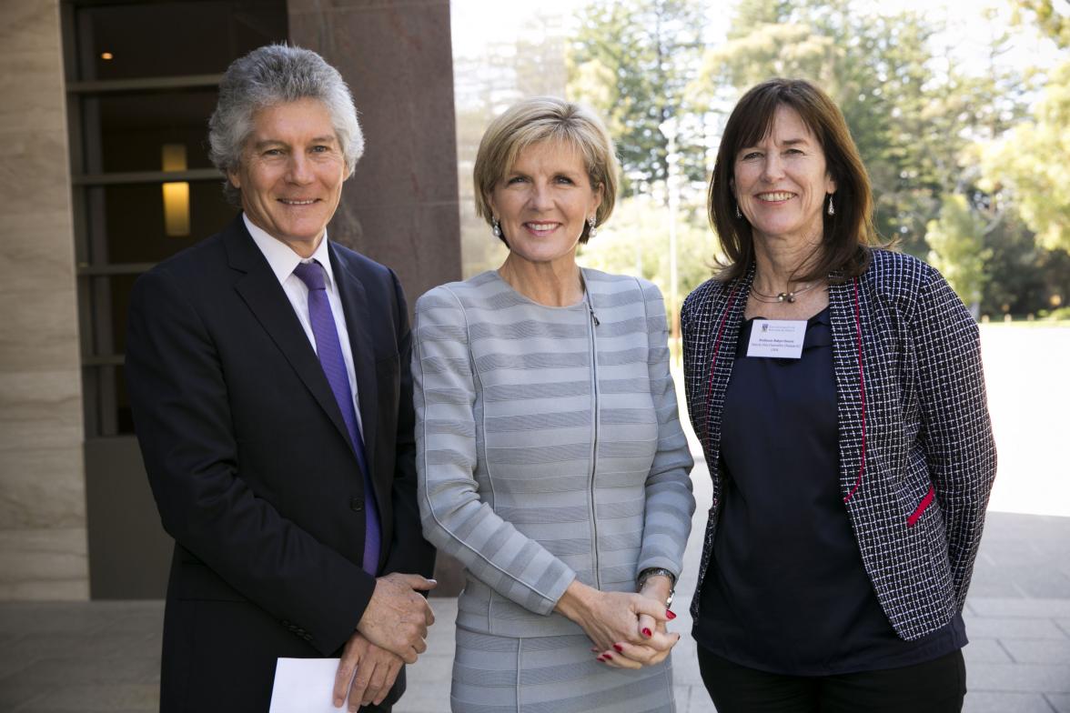 Foreign Minister Julie Bishop with Professor Robyn Owens, Deputy Vice-Chancellor (Research) and Winthrop Professor the Hon Stephen Smith, Director of the USAsian Centre, at the UWA Oceans Institute during IORA 2014.