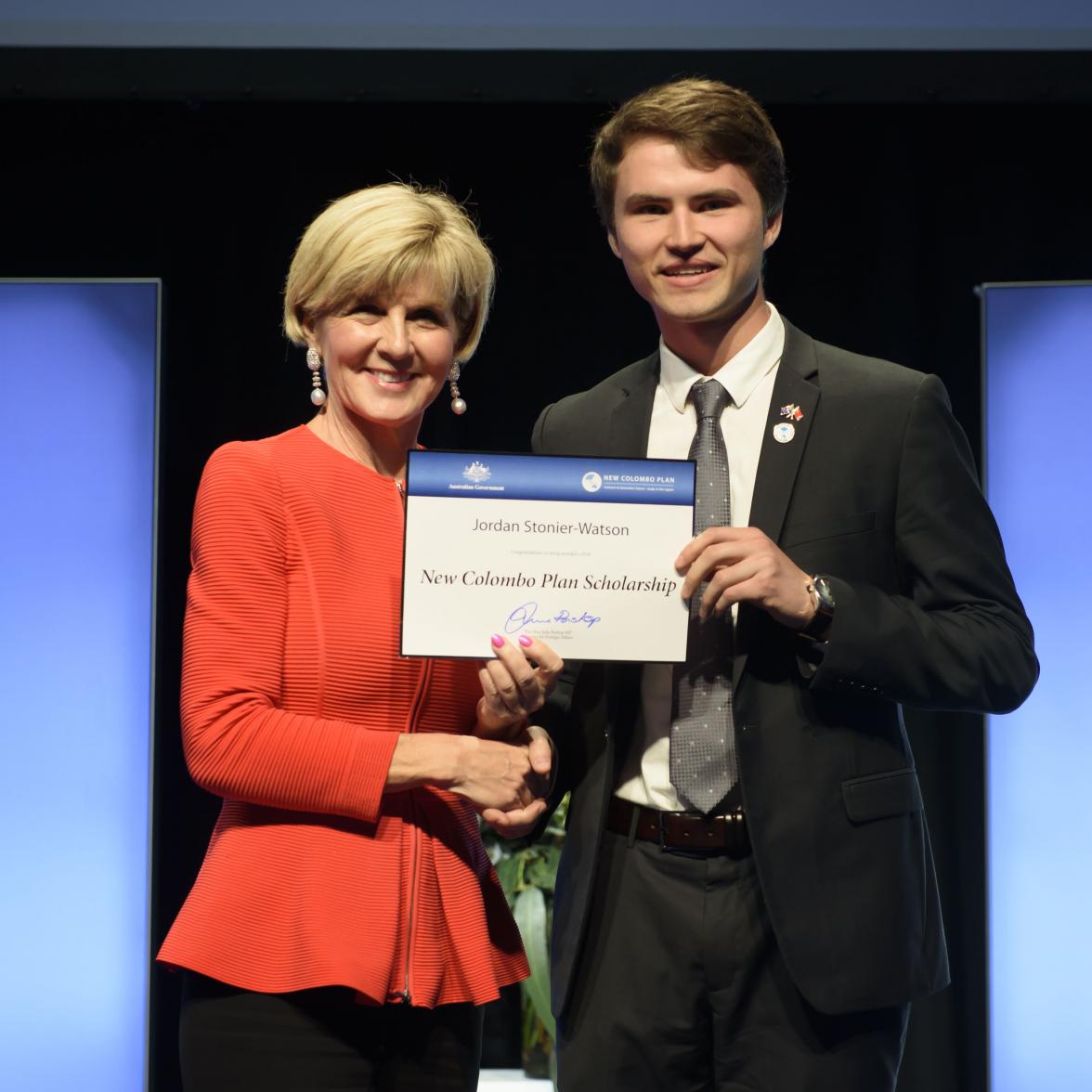 Foreign Minister Julie Bishop with Jordan Stonier-Watson, 2018  China Scholar, Monash University