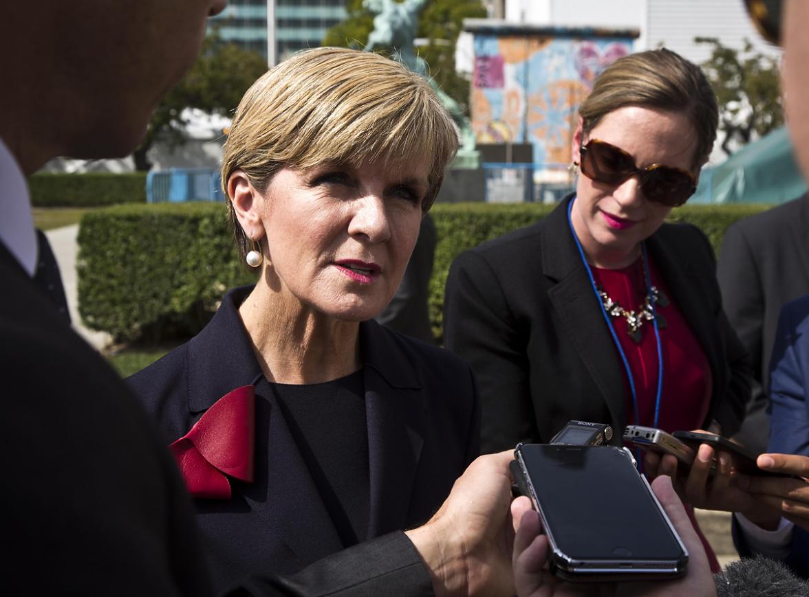 Australian Foreign Minister Julie Bishop speaks to the media in the Rose Garden at UN Headquarters in New York, Friday Sept. 25, 2015. photo by Trevor Collens/DFAT
