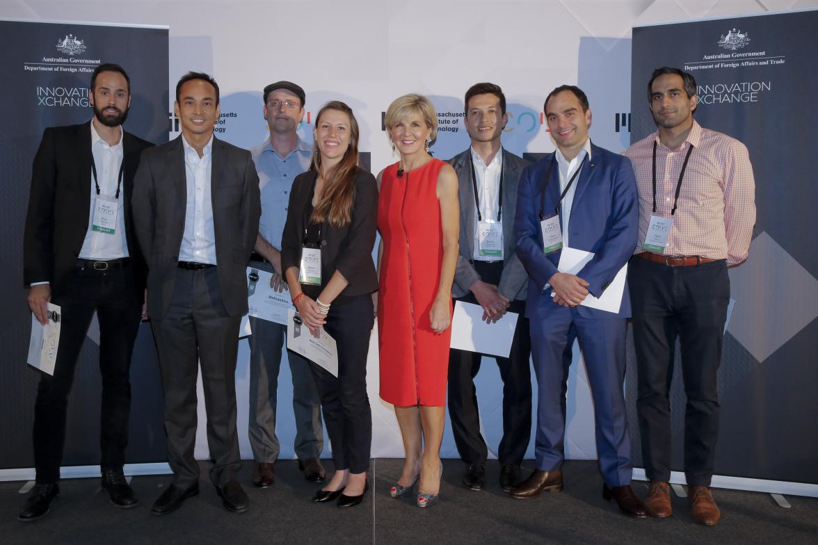 Foreign Minister Julie Bishop with successful participants at the MIT Solve, Atlassian and iXc live pitch event in New York on 17 September 2017.