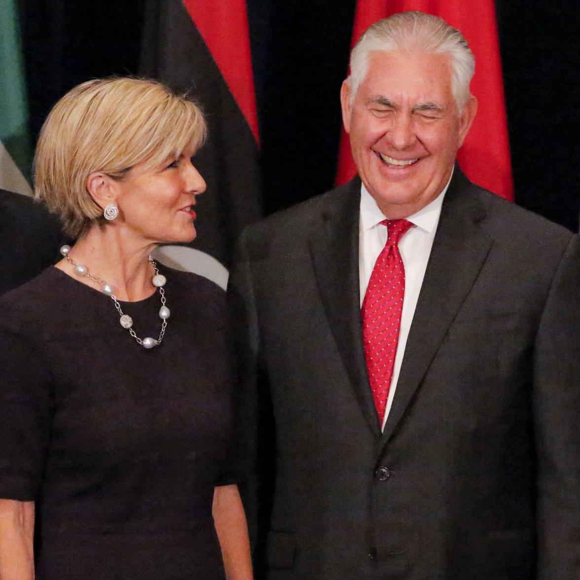 Foreign Minister Julie Bishop talks with United States Secretary of State, Rex Tillerson, at a meeting of foreign ministers of the Global Coalition to Defeat ISIS, on the margins of the United Nations General Assembly in New York on 22 September 2017.