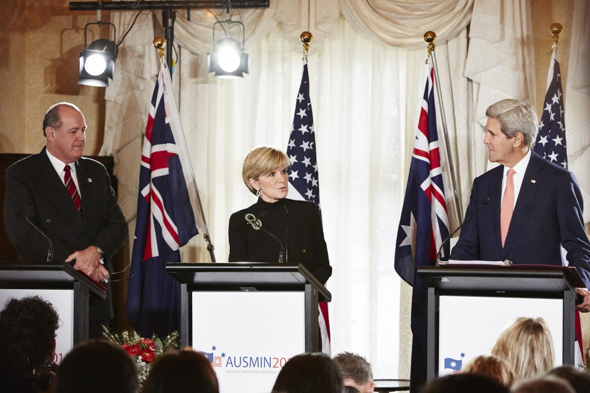 Minister for Foreign Affairs, Julie Bishop speaks to the media with Minister for Defence, David Johnston and United States Secretary of State, John Kerry at the Australia-United States Ministerial Consultations (AUSMIN) 2014 at Admiralty House in Sydney.