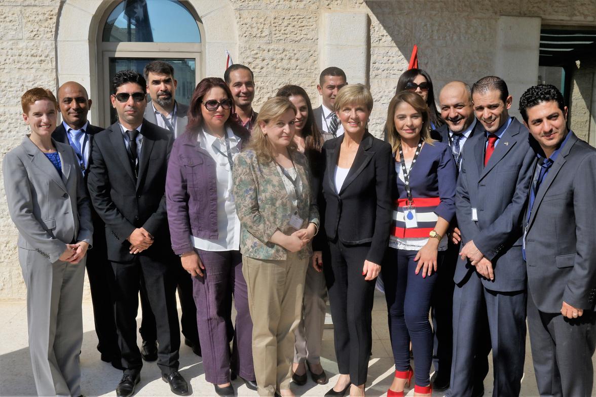 Foreign Minister Julie Bishop, Australian Representative to the Palestinian Authority Marcia Pius, and Palestinian alumni of the Australia Awards scholarship program at the Australian Representative Office in Ramallah. [Photo: Jamal Arouri]