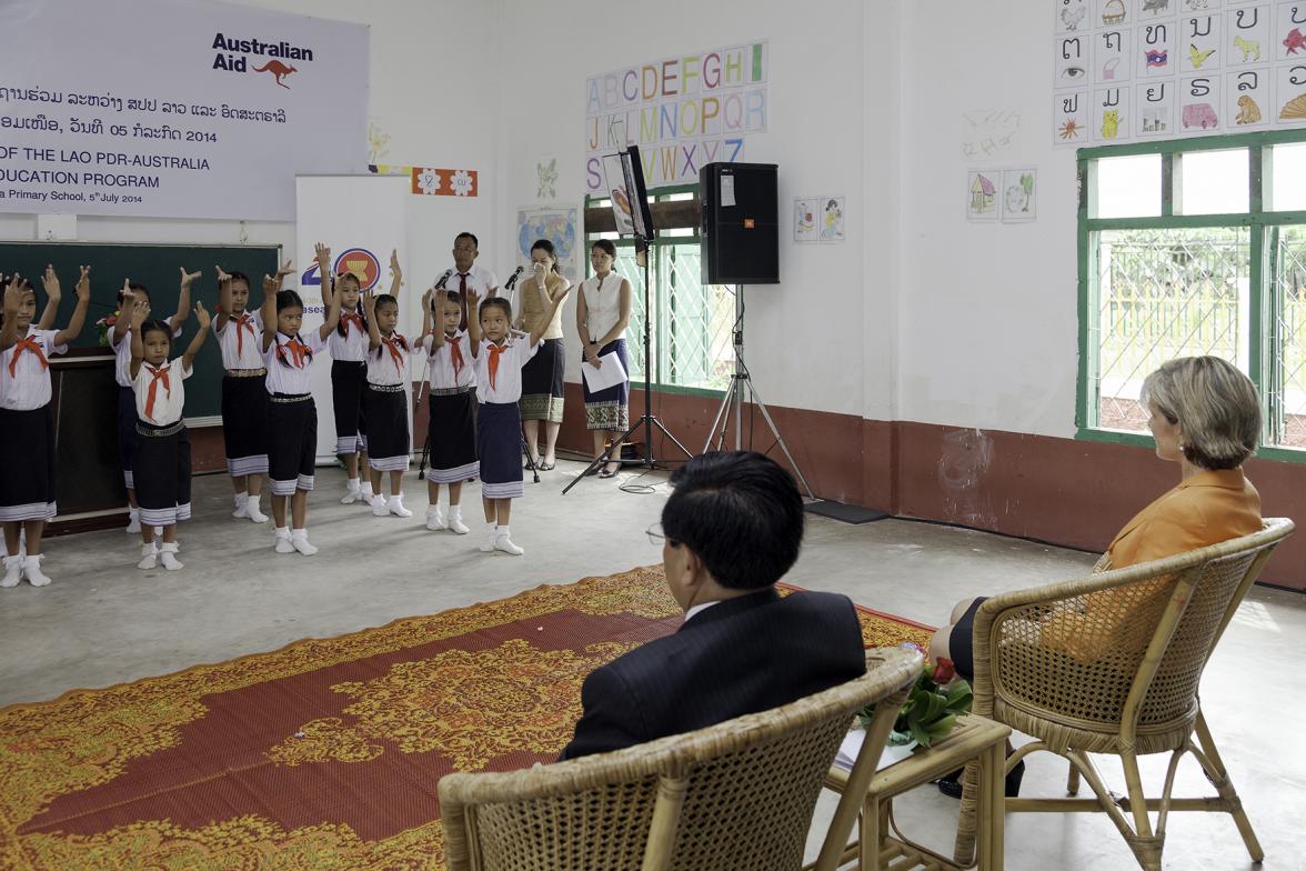 Foreign Minister Julie Bishop with H.E. Dr. Phankham Viphavanh, Lao minister of Education and Sports at the joint launch of the new Australian basic education program. Photo: Bart Verweij