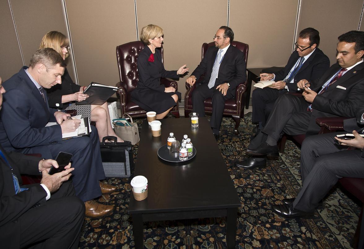 Australian Foreign Minister Julie Bishop meets with Afghanistan Minister for Foreign Affairs Salahuddin Rabbani at UN Headquarters in New York, Friday Sept. 25, 2015. photo by Trevor Collens/DFAT