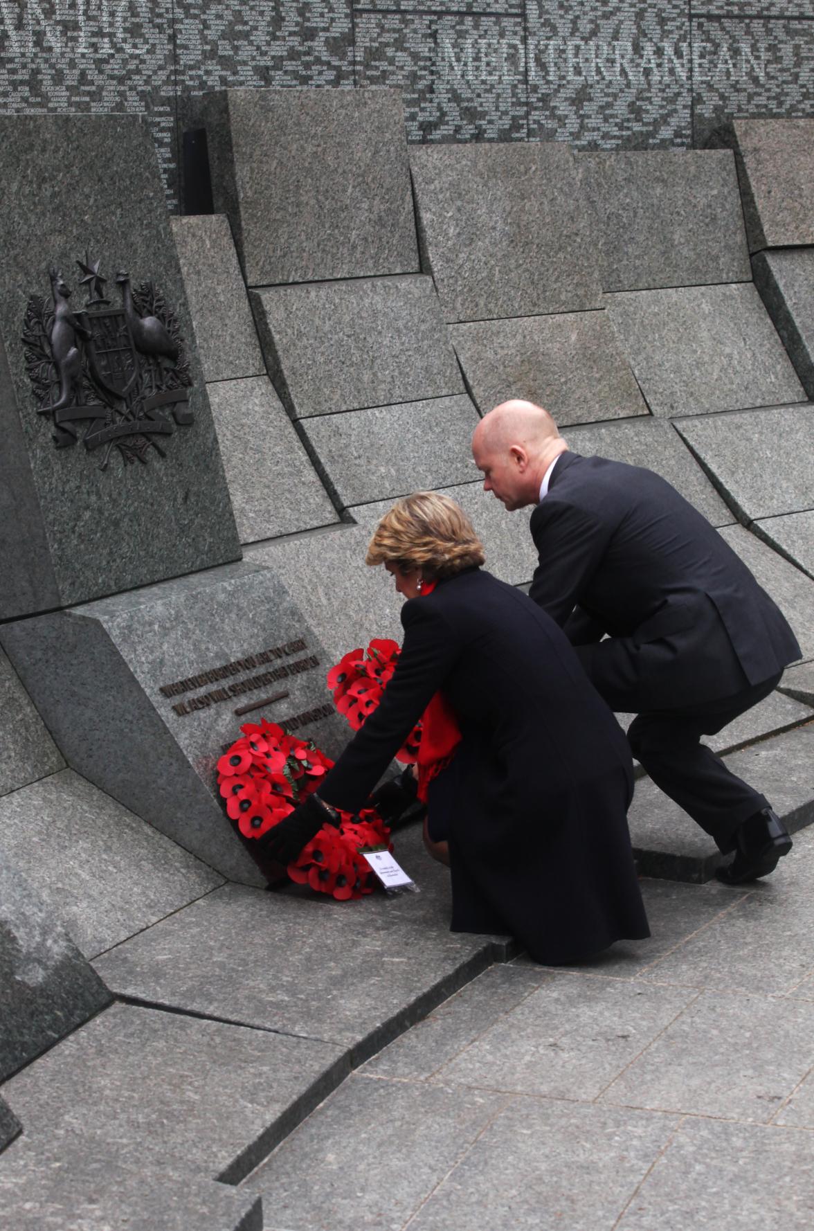 Wreath laying ceremony at the Australian War Memorial, Hyde Park Corner, London, on 11 March 2014, during AUKMIN. Front, L to R: UK Foreign Secretary William Hague, Foreign Minister Julie Bishop. Behind L to R: Defence Minister David Johnston, UK Defence 