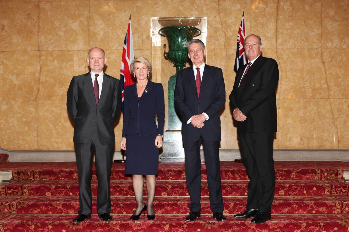 UK Foreign Secretary William Hague, Australian Foreign Minister Julie Bishop, UK Defence Secretary Philip Hammond and Australian Defence Minister David Johnston arrive at Lancaster House, London for the 2014 AUKMIN talks. 11 March, 2014.