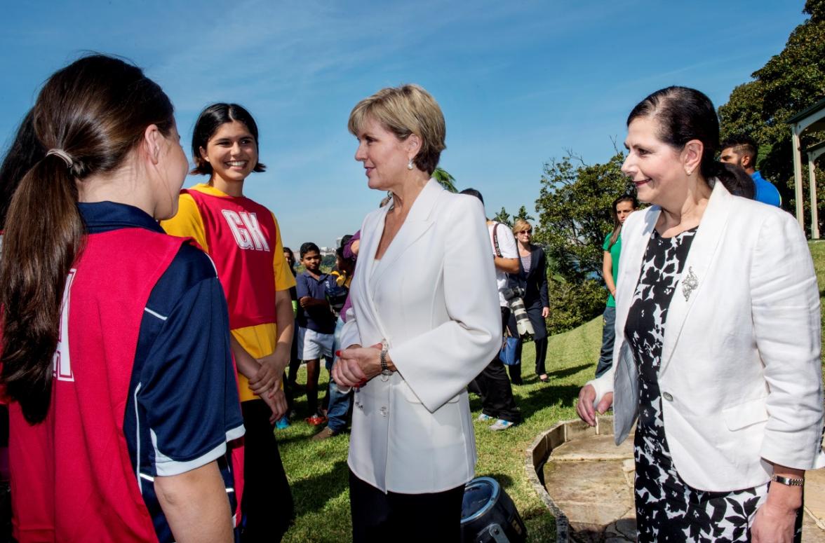 Foreign Minister Bishop and Senator Fierravanti-Wells meet some of the sporting participants at the launch of the Asia Sports Partnership Program