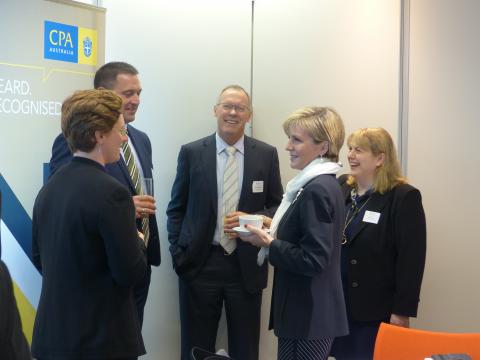 Australia's Foreign Minister Julie Bishop in conversation with guests at the CPA Australia Business Breakfast in Auckland. 1 July 2015.