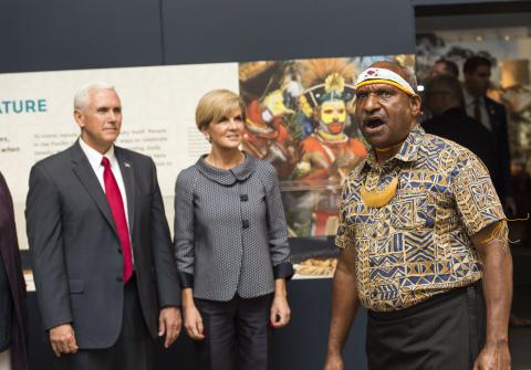 Dr Michael Mel, Manager, West Pacific Collection, Australian Museum, acknowledges ancestors and welcomes US Vice President Mike Pence and Foreign Julie Minister Bishop to the ‘Pacific Spirit Gallery’ of the Australian Museum, 22 April 2017.