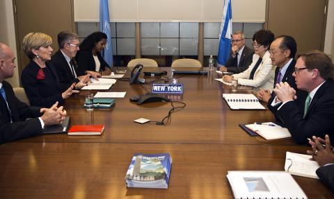 Australian Foreign Minister Julie Bishop meets with World Bank  President Dr. Jim Yong Kim in New York, Friday Sept. 25, 2015.  photo by Trevor Collens/DFAT