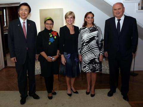 Australian Foreign Minister Julie Bishop hosts a breakfast meeting of the MIKTA Foreign Ministers at the Ambassadors residence in New York, Saturday September 26, 2015. photo by Trevor Collens/DFAT