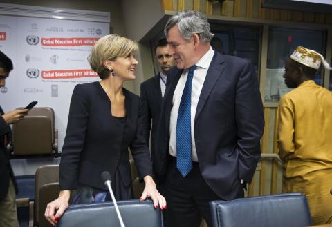 Australian Foreign Minister Julie Bishop with former British PM Gordon Brown a Global Education First Initiative meeting at UN Headquarters in New York, Saturday September 26, 2015. photo by Trevor Collens/DFAT