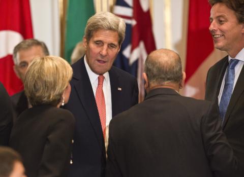 Australian Foreign Minister Julie Bishop greets US Secretary of State John Kerry at a Global Counter Terrorism Forum Ministerial meeting in New York, Sunday September 27, 2015. photo by Trevor Collens/DFAT
