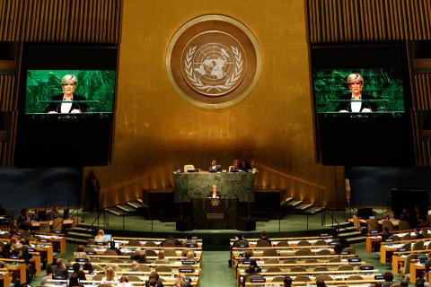 Australian Foreign Minister Julie Bishop delivers a National Statement at the SDG Summit Plenary in the General Assembly Hall at UN Headquarters in New York, Sunday September 27, 2015. photo by Trevor Collens/DFAT