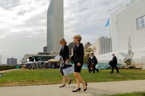 Australian Foreign Minister Julie Bishop and Ambassador to the UN Gillian Bird walk between meetings at UN Headquarters in New York, Monday, September 28, 2015. photo by Trevor Collens/DFAT