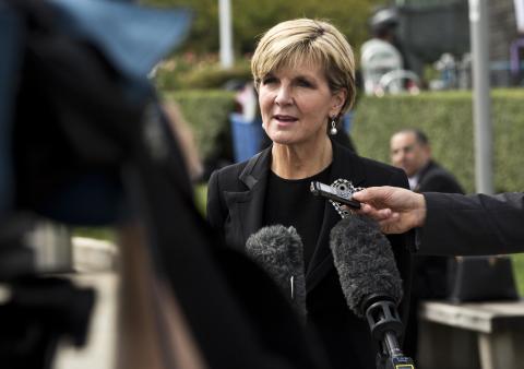 Australian Foreign Minister Julie Bishop speaks to the media during a press conference at UN Headquarters in New York, Monday, September 28, 2015. photo by Trevor Collens/DFAT