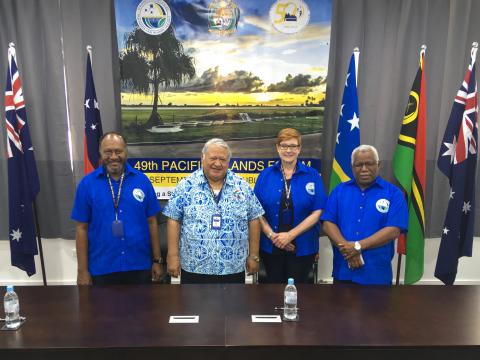 Group photo with the Prime Minister of Vanuatu, the Hon Charlot Salwai Tabimasmas, the Prime Minister of Samoa, the Hon Tuilaepa Sailele Malielegaoi, Australian Minister for Foreign Affairs, Senator the Hon Marise Payne, and the Prime Minister of Solomon