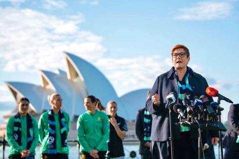 Photo of Minister Payne speaking at a press conference following the announcement that Australia and New Zealand will host the FIFA Women’s World Cup 2023.