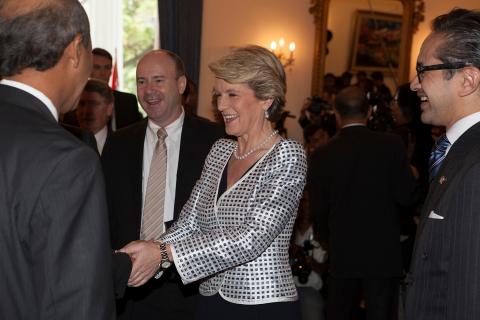 Foreign Minister Julie Bishop greets the Indonesian Ambassador to Australia, with Australian Ambassador to Indonesia Greg Moriarty and Foreign Minister Marty Natalegawa. 5 December 2013